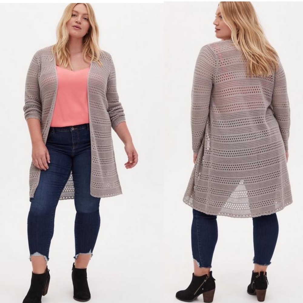Torrid Taupe Pointelle Open Weave Duster Cardigan… - image 2